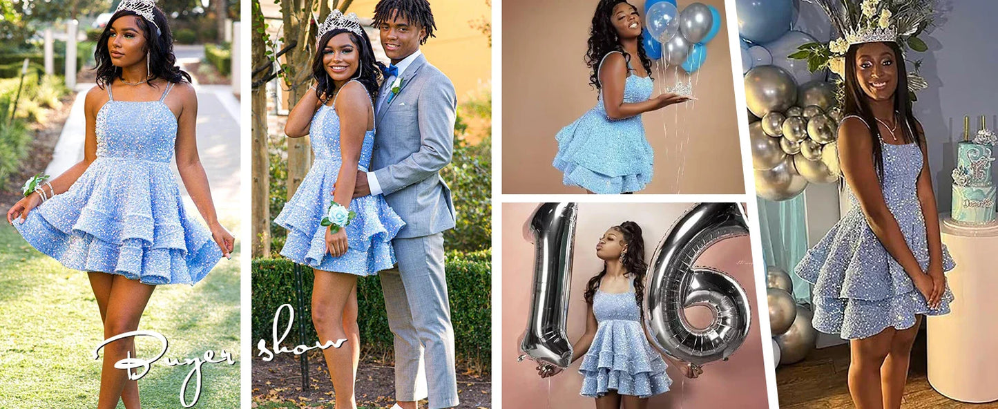 Sequin Short Square Neck Homecoming Dress for Teen Sparkly Prom Dress Sweet 16 Photo Shoot Cocktail Gowns Graduation Dress