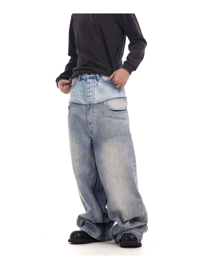 Niche Colorblock Patchwork Wide Leg Blue Jeans Men's Spring 2025 New Straight Double Waist Design Denim Trousers 28W6048