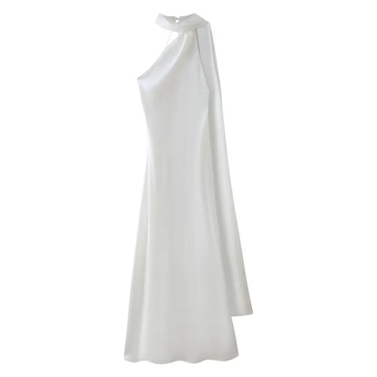 Elegant Women's Soft Silk Satin Long Dress Halter Backless Sleeveless Maxi Dresses Summer Lady Long Ribbon Party Gowns