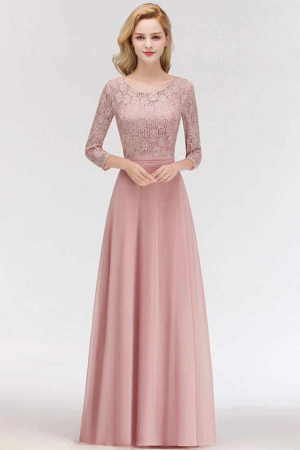 Vestido de Madrinha em Estoque Manga Longa Renda Floral Apliques Chiffon Saia Evasê Vestido de Festa de Casamento Bohêmio para Convidada