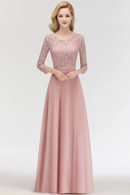 Vestido de Madrinha em Estoque Manga Longa Renda Floral Apliques Chiffon Saia Evasê Vestido de Festa de Casamento Bohêmio para Convidada