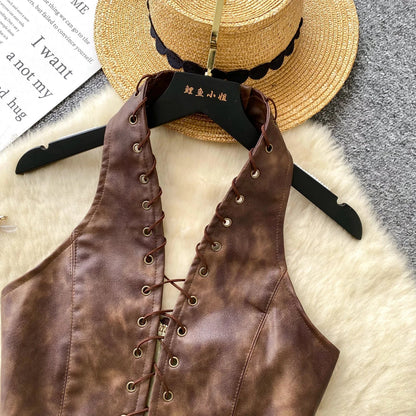 New Sexy Crop Top Inside Women Black PU Leather Rope Strap Hollow Out Punk Style Tank Tops Vest Fashion Backless Club Party Wear