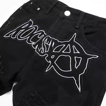 Autumn And Winter Retro Black Ripped Jeans Men'S Straight Leg Pants Pentagram Patch Casual Jeans Pants