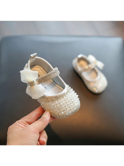 Girls Walking Shoes Lace Mesh Bows Kids Princess Shoes Non-slip Shiny Sequins 2025 New Children Flat Shoes Soft Sole Non-slip