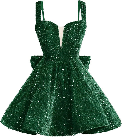 Sparkly Sequin Homecoming Dresses 2026 Short Spaghetti Straps V Neck Cocktail Party Gowns with Bow  Mini Dress Graduation Dress