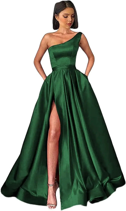 Women's One Shoulder Prom Dresses with Pocket High Slit Pleated Satin Corset Formal Gowns Evening Dress A Line Bridesmaid Gown