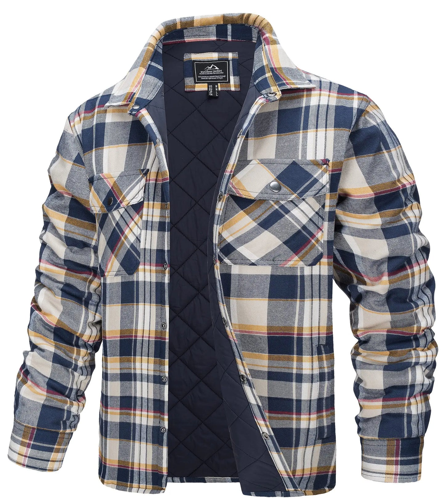 Winter Plaid Cotton Jackets Mens Long Sleeve Quilted Lined Flannel Shirt Jacket Multi-Pockets Outwear Hiking Coats Tops
