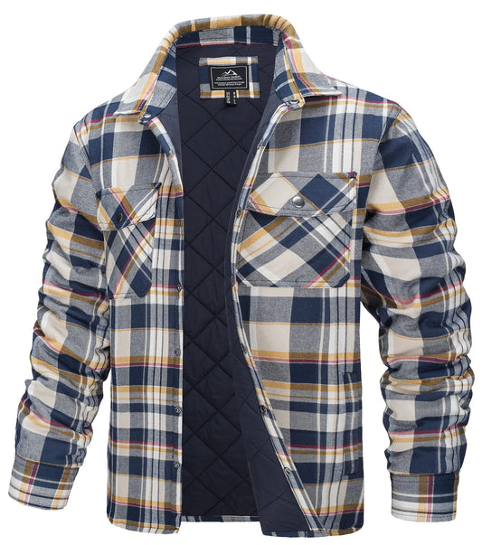 Winter Plaid Cotton Jackets Mens Long Sleeve Quilted Lined Flannel Shirt Jacket Multi-Pockets Outwear Hiking Coats Tops
