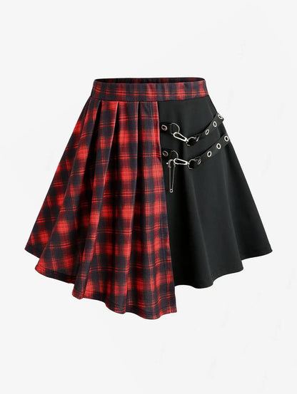 Plus Size Plaid Patchwork Grommets PU Leather Stripes Asymmetrical Skirt Female Casual Large Size Women Y2K Skirts