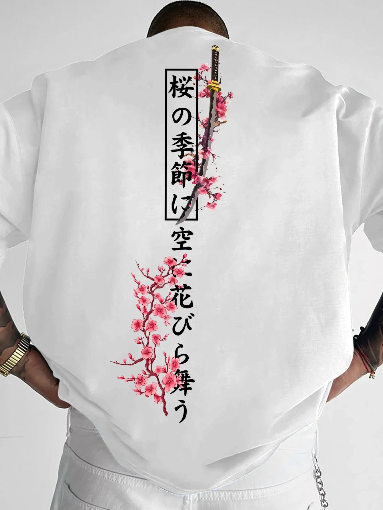 American-style Men Summer Loose T-shirt Suitable for Daily Wear Cherry Blossom and Samurai Sword Patterns  100% Pure Cotton