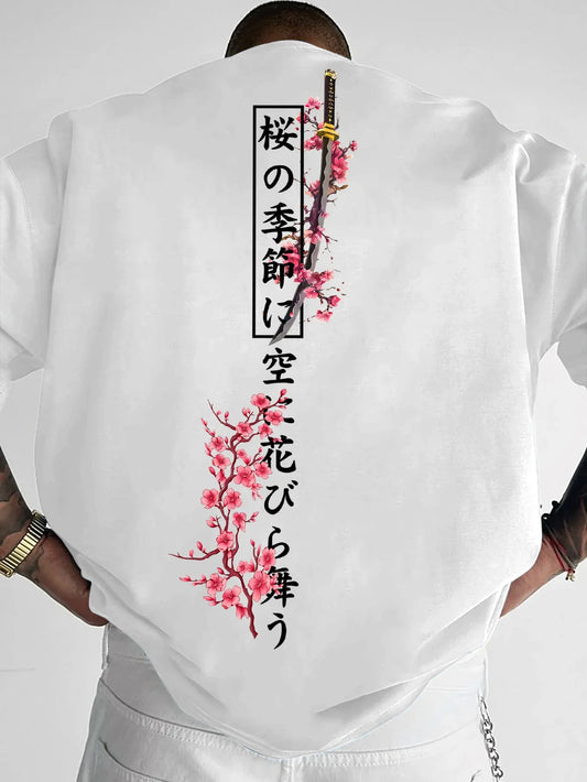 American-style Men Summer Loose T-shirt Suitable for Daily Wear Cherry Blossom and Samurai Sword Patterns  100% Pure Cotton