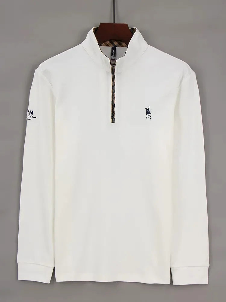 Luxury new Half Zipper Long Sleeve T-shirt 100% Cotton Brand Embroidered Stand Collar Men's Clothing Autumn Casual polo shirt