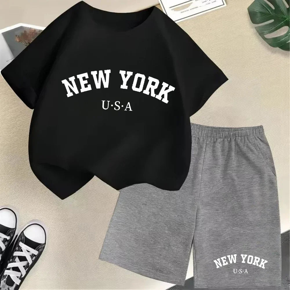 New York letter pattern boy and girl T-shirt+shorts 2-piece set