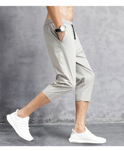3/4 Length Men's Shorts Quick Drying Ice Silk Summer Breeches Male Long Calf Bermuda Board Beach Elastic Big Size Nylon Stretch