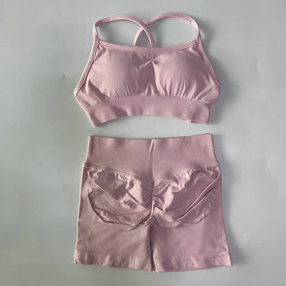 No Logo Women 2 Pieces Yoga Set Cross Straps Bra Beautiful Back Tops High Waist Sport Short Scrunch Bum Workout Short Gym Suit
