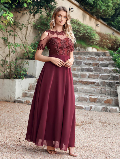 New Burgundy Evening Dresses Illusion Lace Appliques O-Neck Short Sleeve Prom Dress Sheer Back A-Line Long Formal Party Gowns