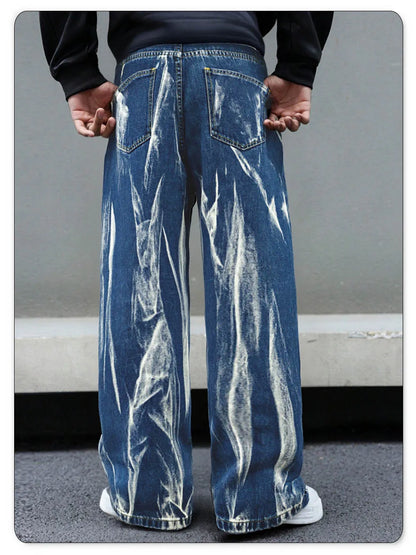 Four Season Men's Baggy Straight Wide-Leg Jeans Personalized Design Tie Dye Denim Pants Baggy Unisex Daily Casual Men's Clothes