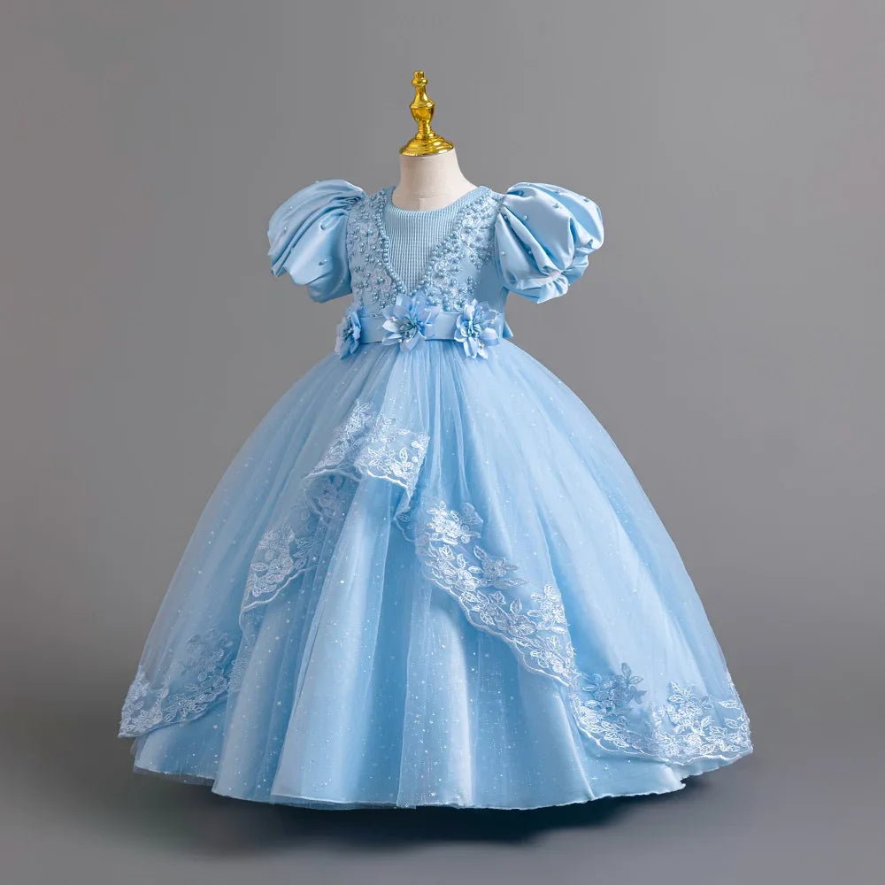 Girl's Pearl Bubble Sleeves Princess Dress 4-12 Years Old Fashionable Flower Lace Satin Dress Birthday Wedding Flower Girl Dress
