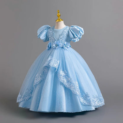 Girl's Pearl Bubble Sleeves Princess Dress 4-12 Years Old Fashionable Flower Lace Satin Dress Birthday Wedding Flower Girl Dress