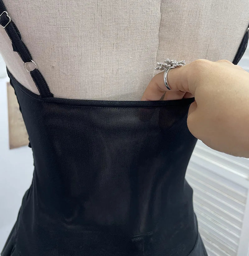 Summer Y2K Camisole for Women Casual Spaghetti Straps Double Layers Lace Stretch Mesh Patchwork Asymmetrical Slim Tops