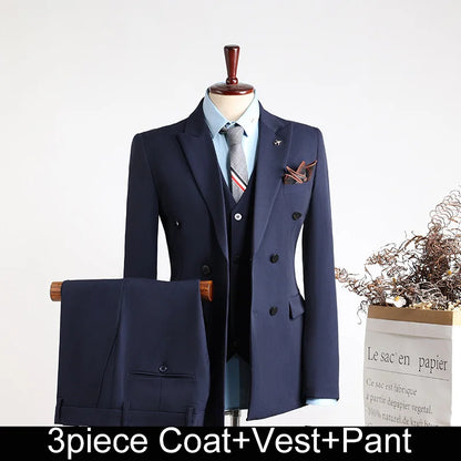 Man Suit Outfit Double-breasted Blazer Men V-neck Vest Straight-leg Pant Male Slim Business Wedding Three-piece Set