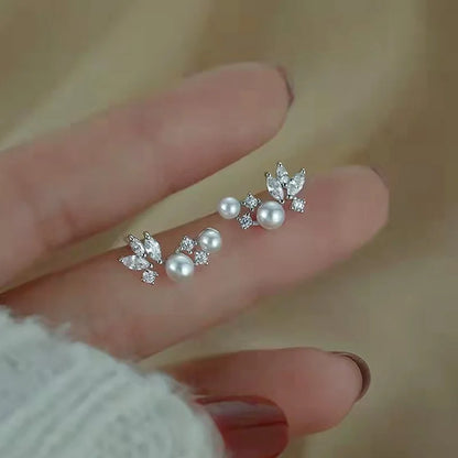 Graceful Gold Color/Silver Color Stud Earrings Lady Simulated Pearl Jewelry Chic Shiny Zirconia Accessories for Wedding
