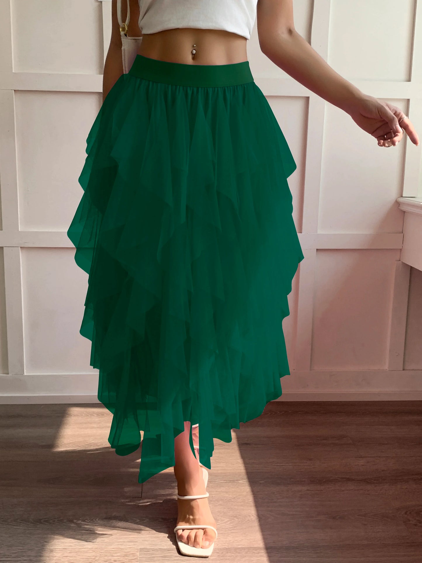 Medium waist chiffon long skirt for women, irregular layered pleated edge layered cake skirt, elegant fairy A-line skirt