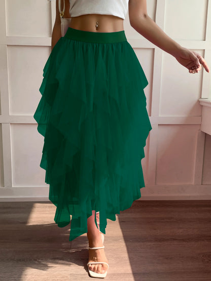 Medium waist chiffon long skirt for women, irregular layered pleated edge layered cake skirt, elegant fairy A-line skirt