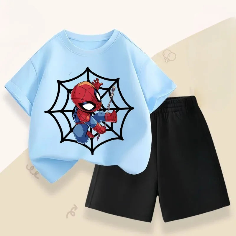 2026 Marvel Boys Casual Outfits Children Breathable T Shirt Shorts Two Piece Set Summer Kids Cartoon Print Sport Clothing Suit