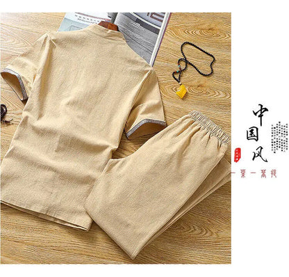 Summer Chinese style Shirts + Pants Dragon Embroried 100% Cotton linen Sportswear Men's Casual Sets Male Fashion Chinese style