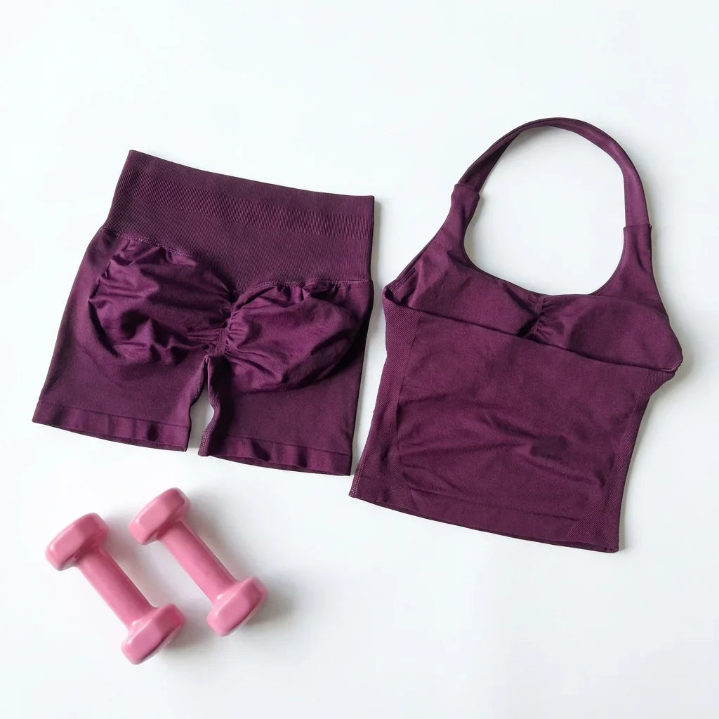 Sexy Halter Neck Beautiful Back High Waist Peach Sports Bras Shorts Suit Pilates Gathering Yoga Vest Training Fitness Bra Sets