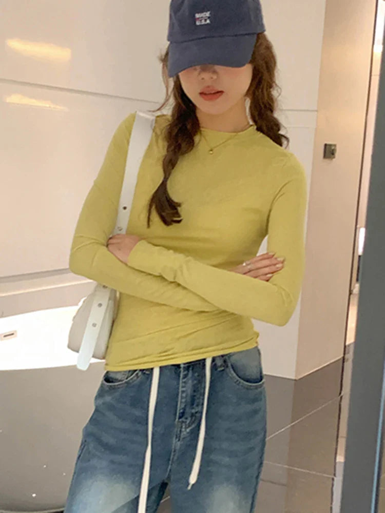 Spring Autumn T shirt Women Tops Solid Slim Fit Long Sleeve O Neck Tshirts Female Casual Streetwear High Quality Base Tees