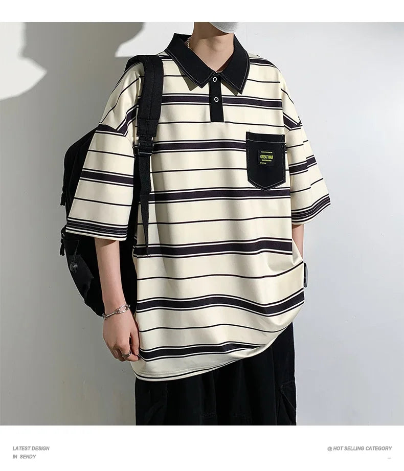 2024 New Summer Men POLO Shirt Trend Loose Clothing Students Short-sleeved T Shirt Tops Round Neck Five-quarter Sleeve Harajuku