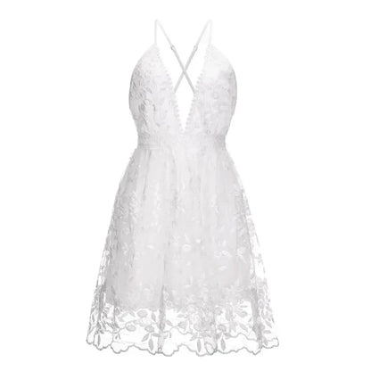 V Neck White Dress for Women Beach Lace Sling 2024 Summer Elegant Embroidery Dress Backless Casual Sleeveless Sexy Dress 21800