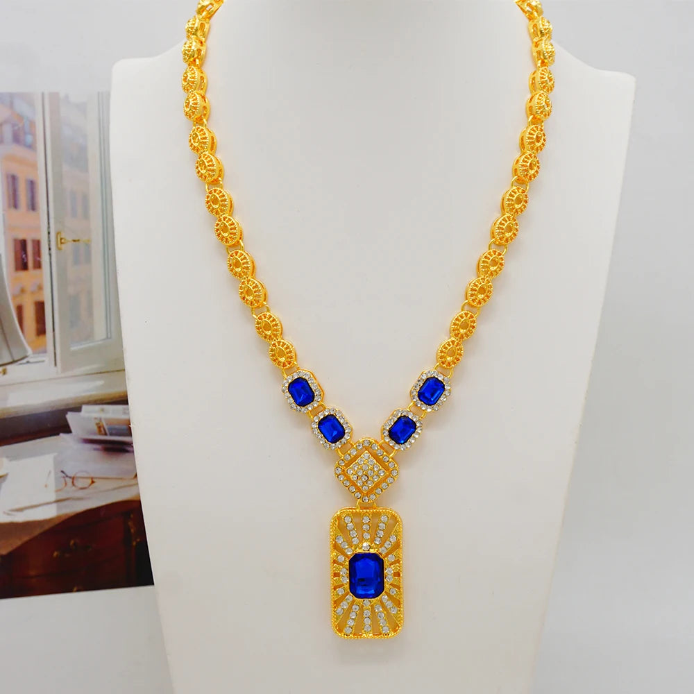 Women Gold Color Jewelry Sets Blue Pendant Necklace Earrings Bracelet Ring Sets Party Gifts