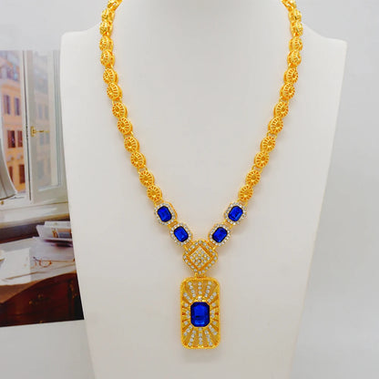 Women Gold Color Jewelry Sets Blue Pendant Necklace Earrings Bracelet Ring Sets Party Gifts