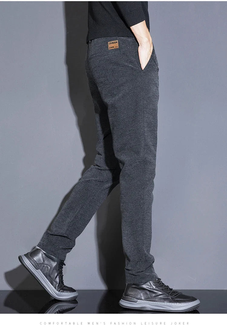 Men's Solid Straight Casual Pants Autumn Woolen Slim Fit Office Pants Vintage Elastic Waist Youth Trousers Everyday Wear