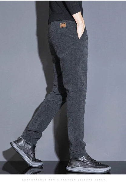 Men's Solid Straight Casual Pants Autumn Woolen Slim Fit Office Pants Vintage Elastic Waist Youth Trousers Everyday Wear