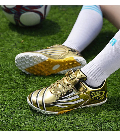 Fashion Gold Children's Football Shoes Outdoor Non-slip Turf Soccer Shoes Kids HOOK&LOOP Low-cut Sports Sneakers Child Trainers