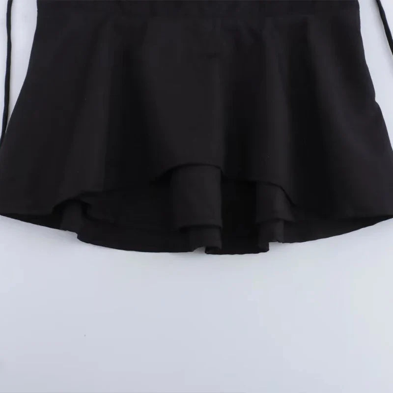 Women Fashion Solid Pleated Backless Side Zipper Cropped Tops Vintage Thin Straps V-Neck Female Chic Lady Crop Top
