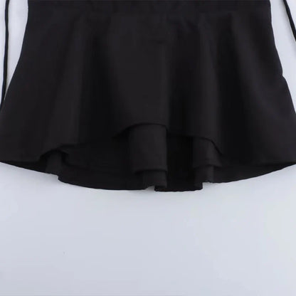 Women Fashion Solid Pleated Backless Side Zipper Cropped Tops Vintage Thin Straps V-Neck Female Chic Lady Crop Top
