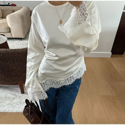 Women's Satin Blouse With Lace Trim Fashion O-neck Long Sleeve Lace Up Waist Irregular Tops 2026 Spring New Chic Lady Streetwear