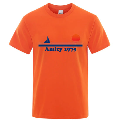 Amity 1975 - Jaws Retro Print Tshirt Men Creativity Sweat Clothing Fashion Tee Clothes T Shirts Breathable Cotton T-Shirts Man