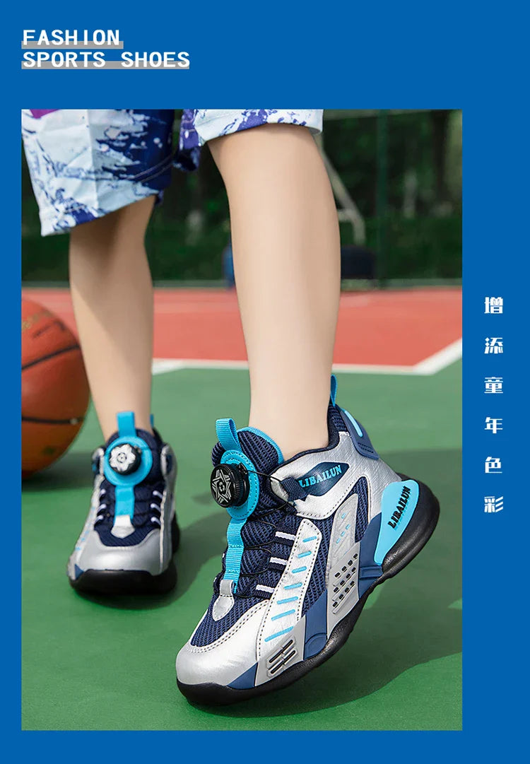 New Children Basketball Shoes Swivel Button Boys Fashion Sneakers Girls School Sport Shoes Kids Casual Trainers Outdoor Shoes