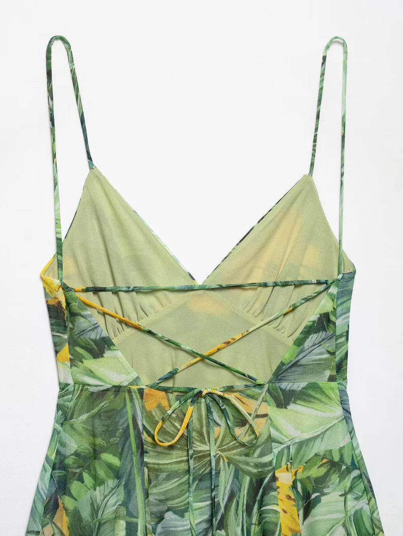 Women's vacation Style printed silk mesh sexy V-neck halter short Dress Hot Girl Dress