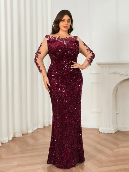 O Neck Curve Long Sequined Velvet Lace Evening Dress Prom Gown Floor Length Backless Maxi Dresses
