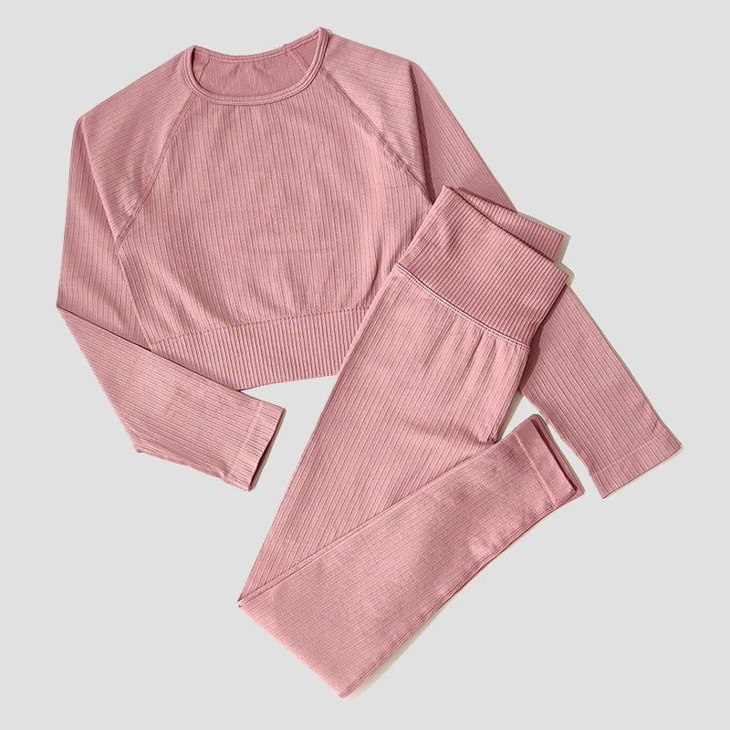 Women's Sportswear Yoga Set Workout Clothes Athletic Wear Sports Gym Legging Seamless Fitness Bra Crop Top Long Sleeve Yoga Suit