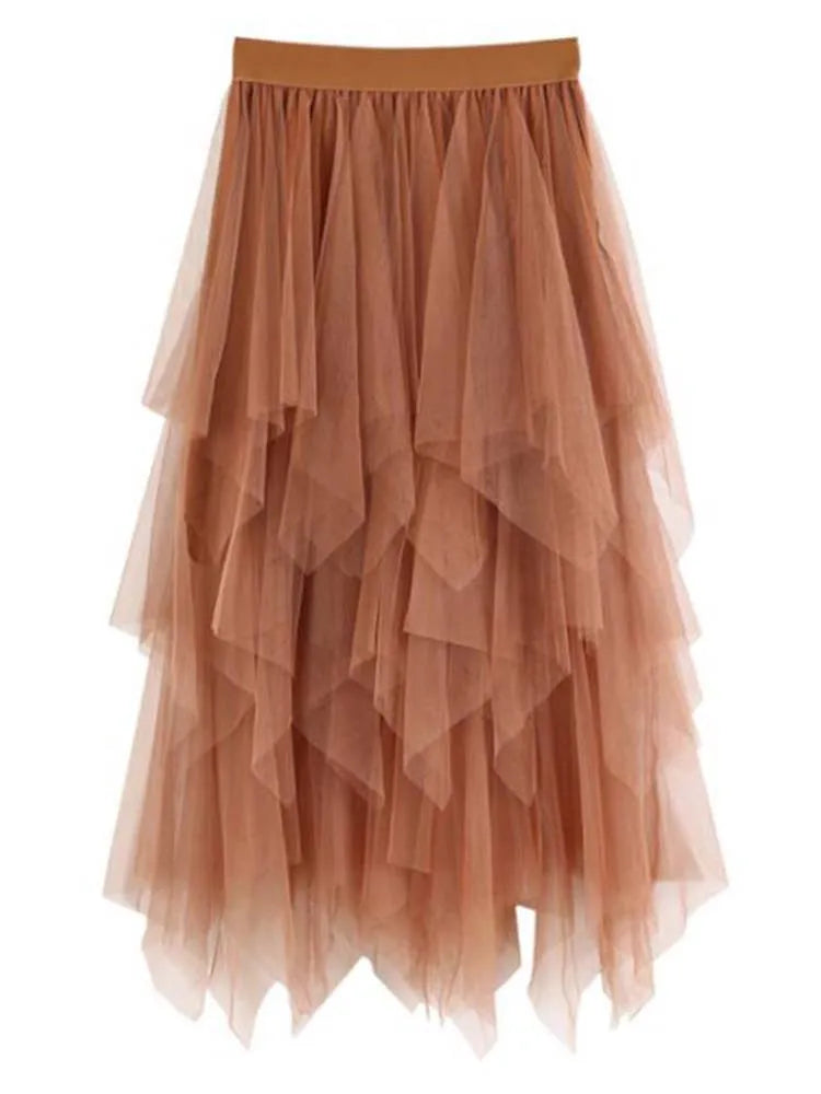 Women Sweet  Midi Spring And Summer High Waist Solid Asymmetrical Elegant Chic White Mesh Tulle Skirts Faldas