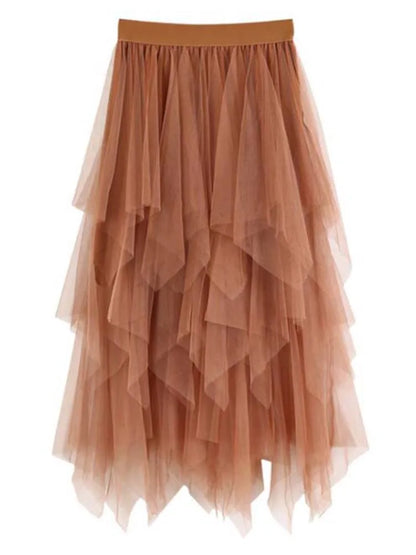 Women Sweet  Midi Spring And Summer High Waist Solid Asymmetrical Elegant Chic White Mesh Tulle Skirts Faldas