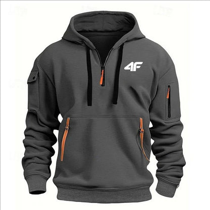 Men's hooded sweater casual sports jumper vintage Harajuku long sleeve zipper multi-pocket casual loose coat Street